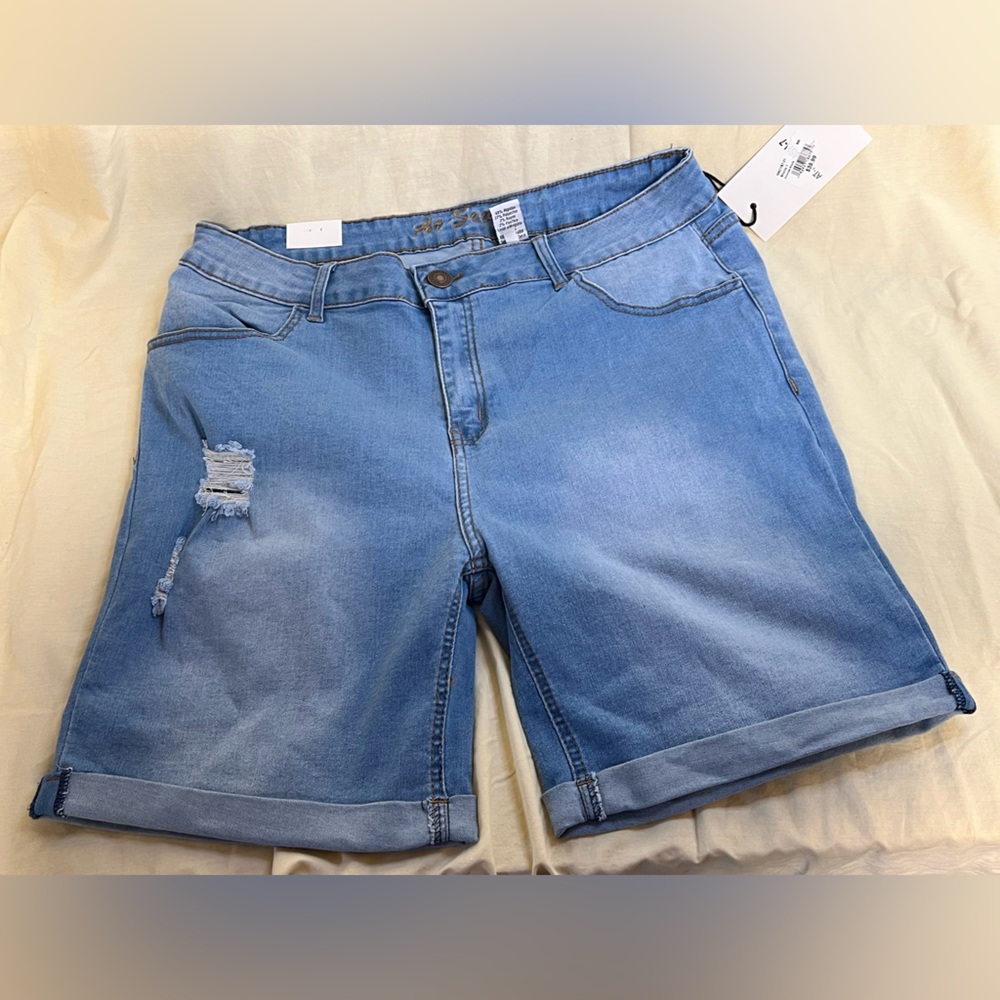 Blue Denim Shorts with Distressed Detail